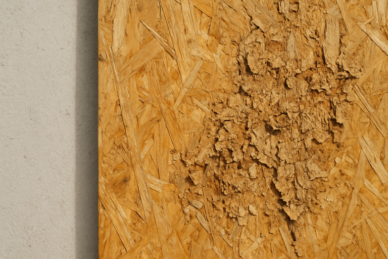 Panneau OSB friable et dégradé montrant les effets du vieillissement et solutions de prévention