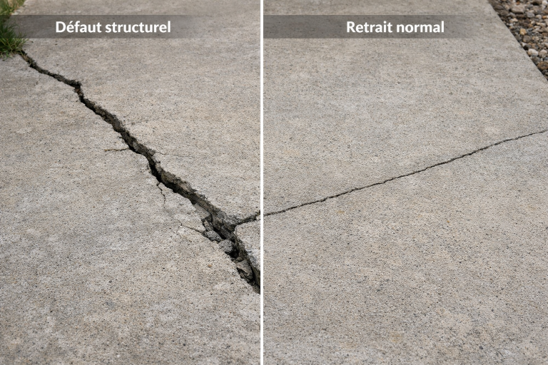 Dalle béton fissurée après 6 mois montrant défaut structurel ou retrait normal du matériau