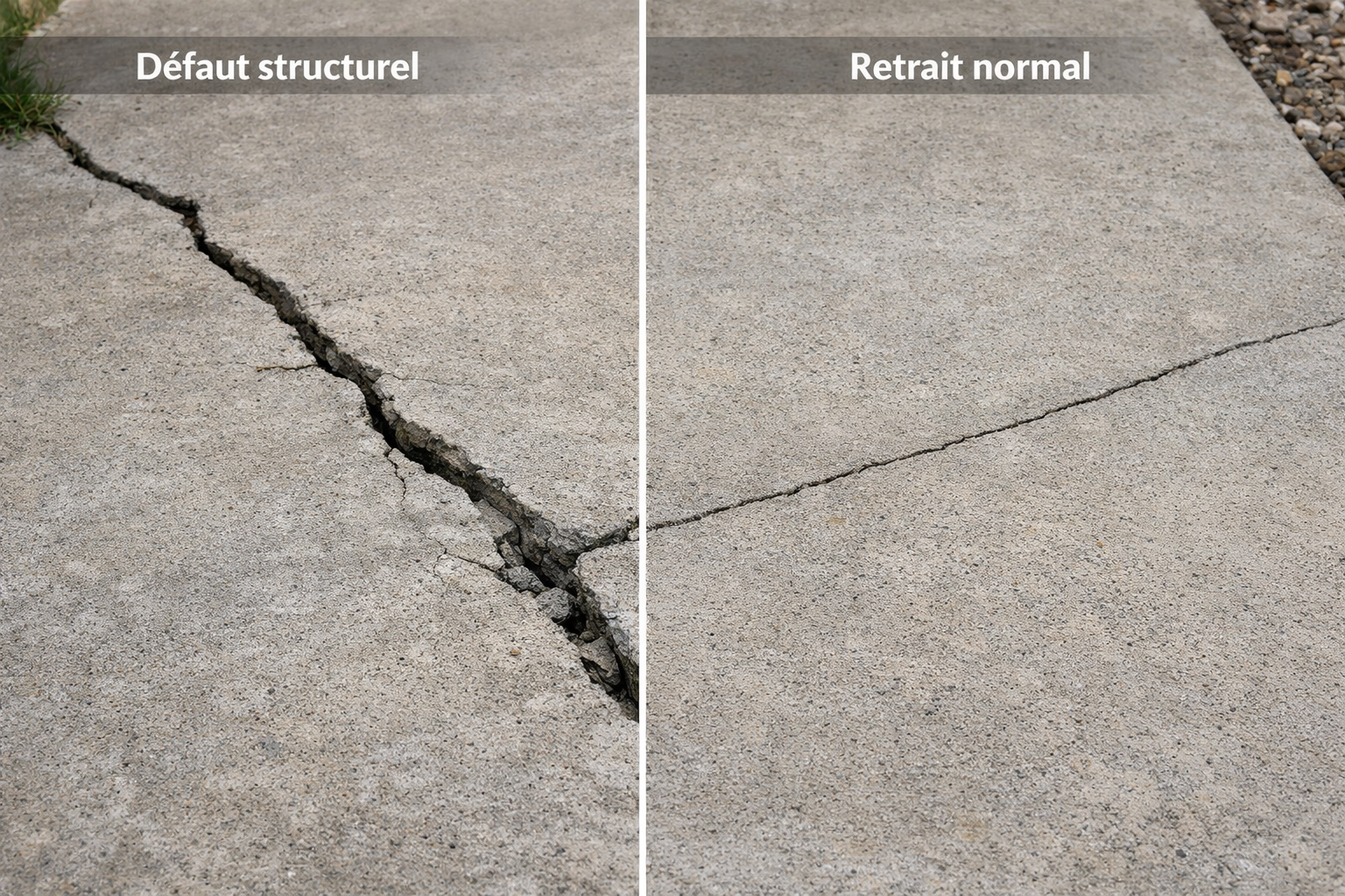 Dalle béton fissurée après 6 mois montrant défaut structurel ou retrait normal du matériau