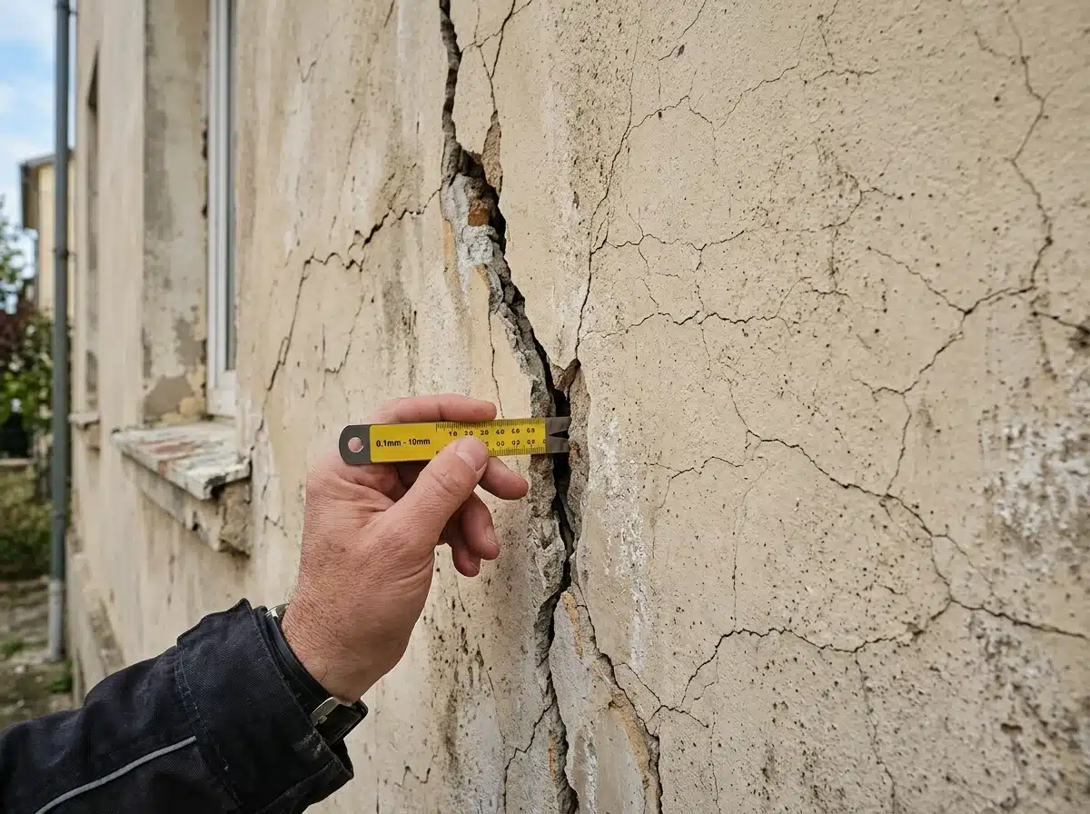 Une personne qui mesure une fissure dans une façade