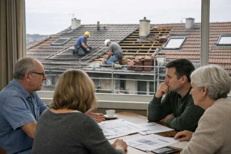 Trois personnes en réunion observant deux couvreurs sur le toit