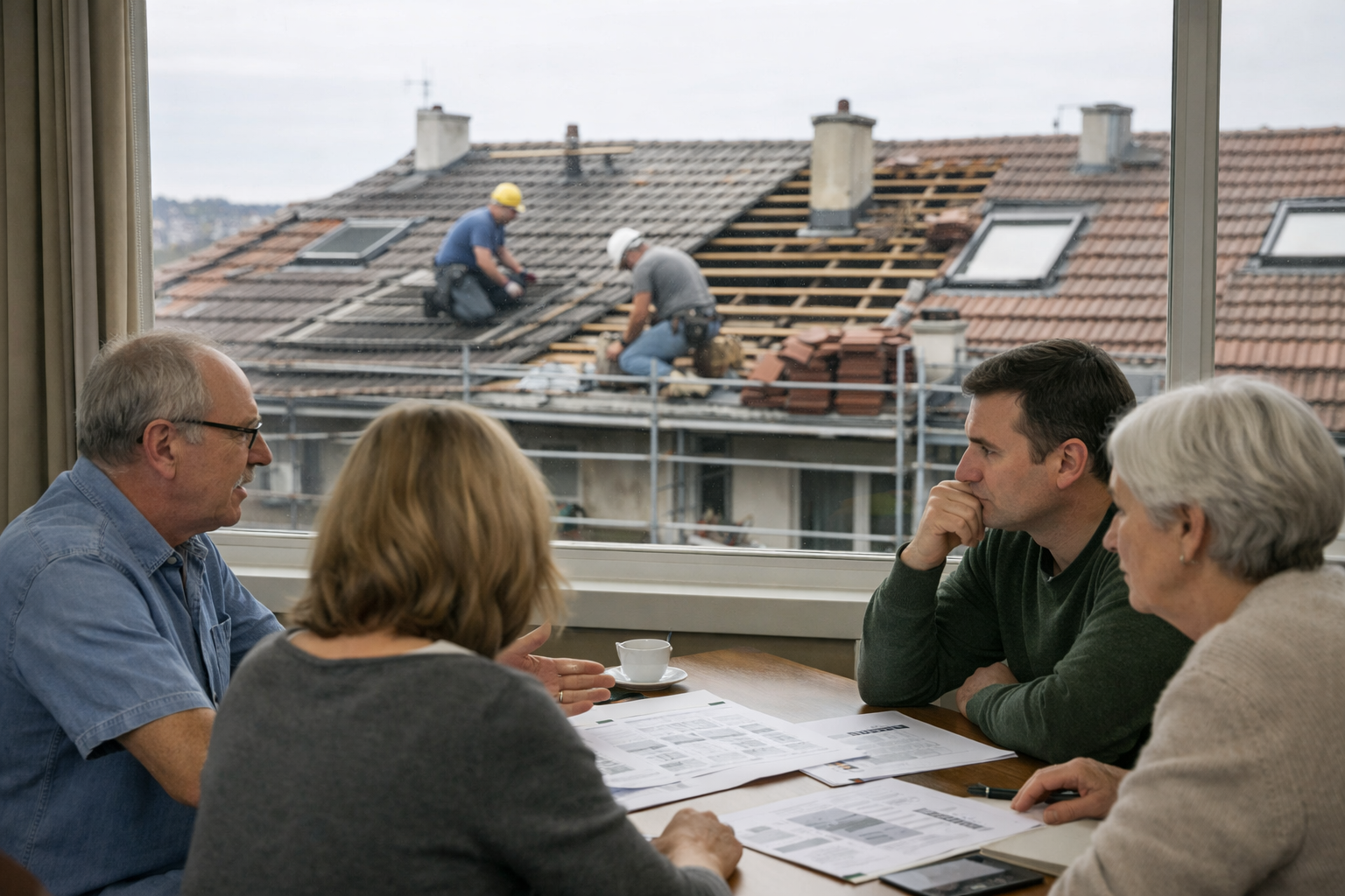 Trois personnes en réunion observant deux couvreurs sur le toit