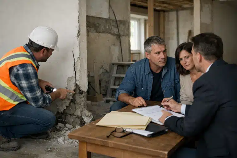 Couple examine des plans de rénovation avec un entrepreneur