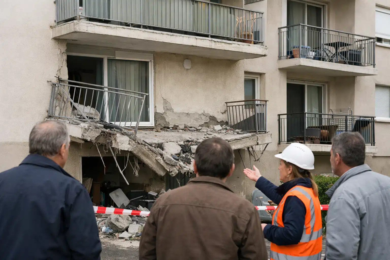 Deux personnes observent un immeuble partiellement effondré