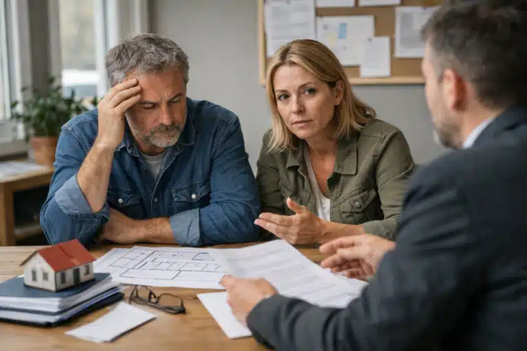 Trois personnes examinant des documents sur une table