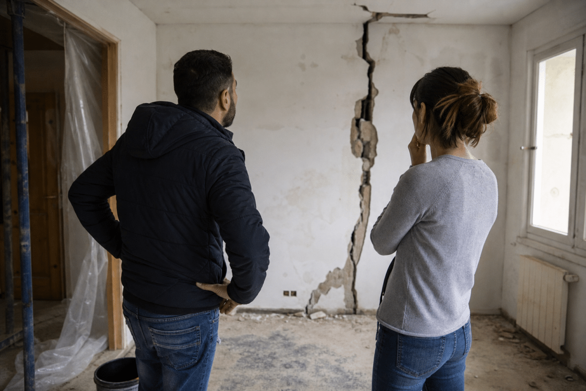 Deux personnes regardant une fissure verticale dans un mur