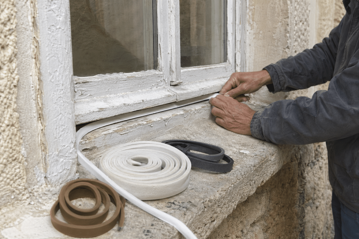 Mains posant joint d'étanchéité sur rebord de fenêtre