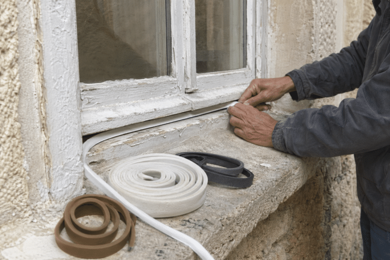 Mains posant joint d'étanchéité sur rebord de fenêtre