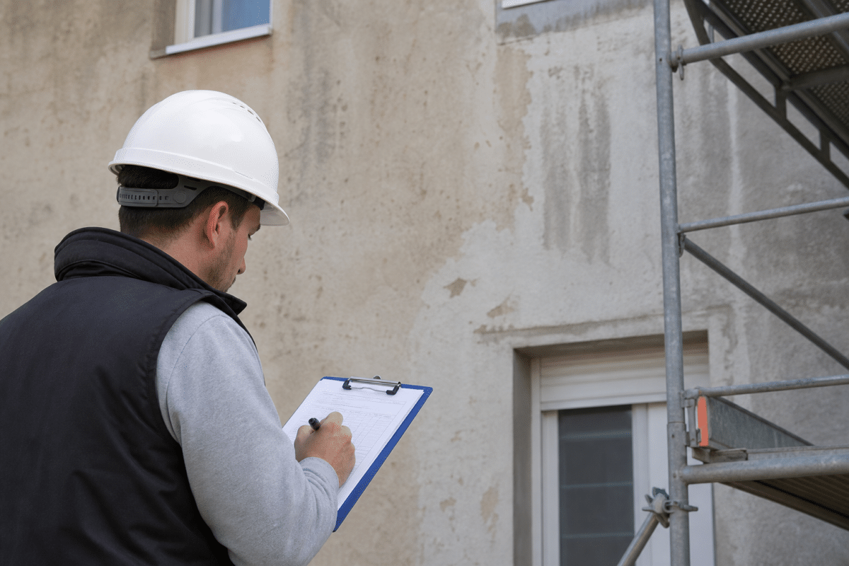 ouvrier en casque blanc vérifiant façade et notes