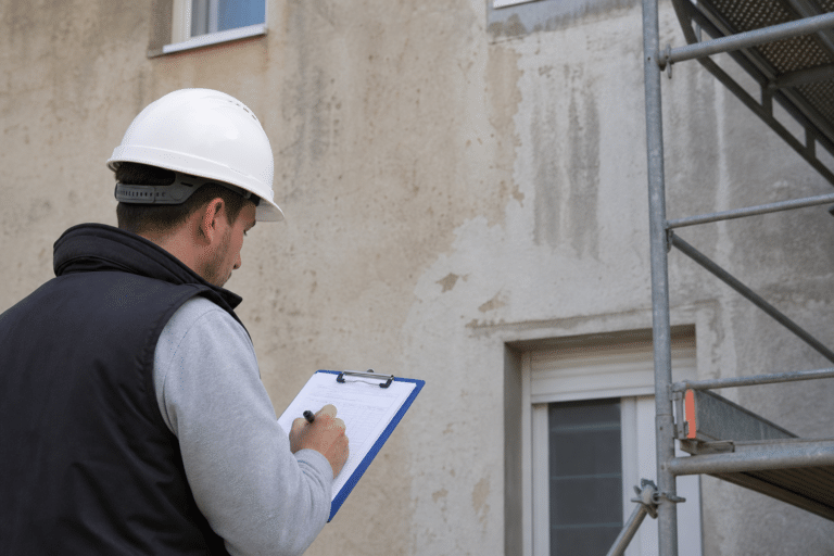 ouvrier en casque blanc vérifiant façade et notes