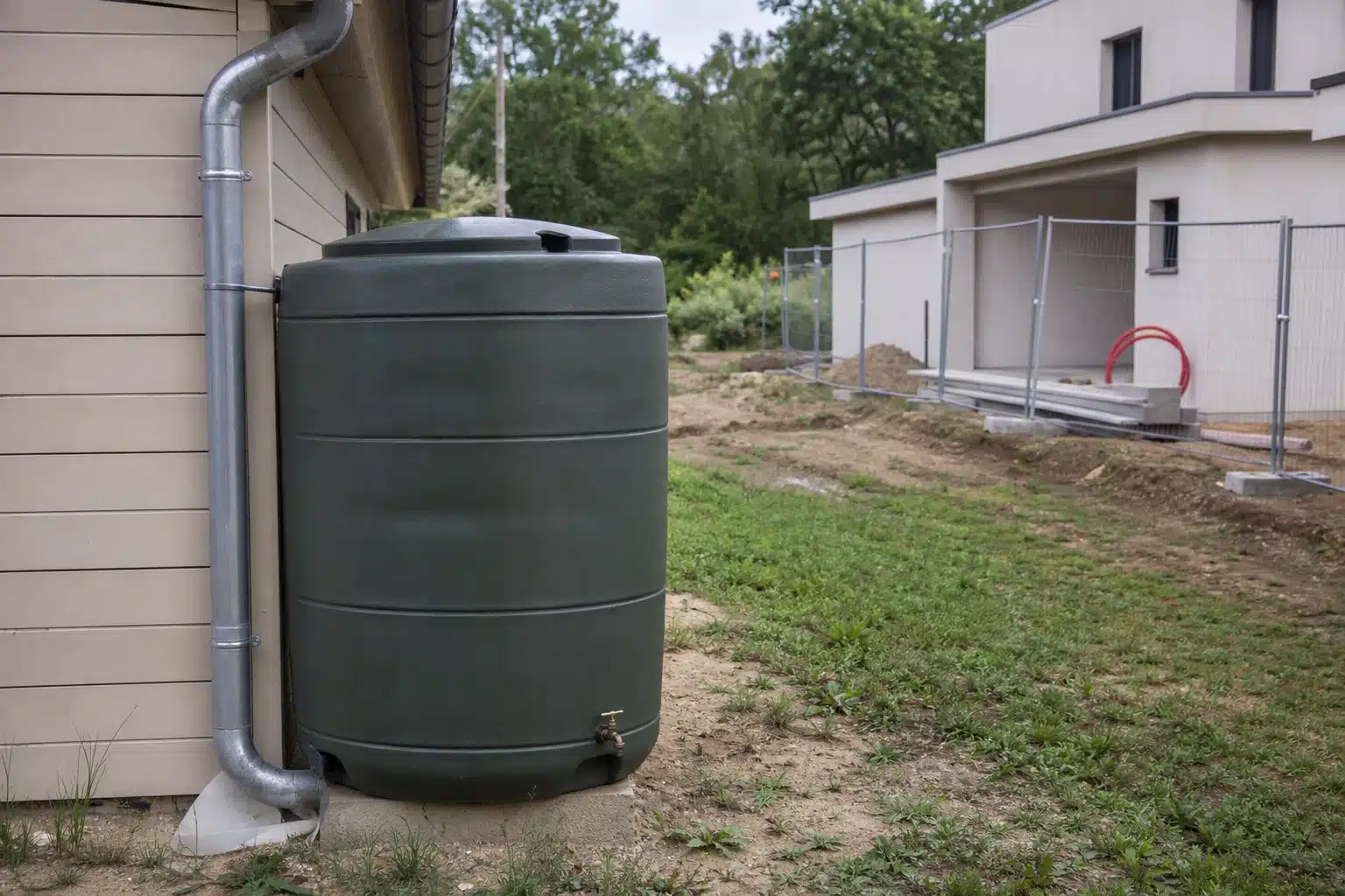 Cuve de récupération d'eau pluviale verte près de la maison