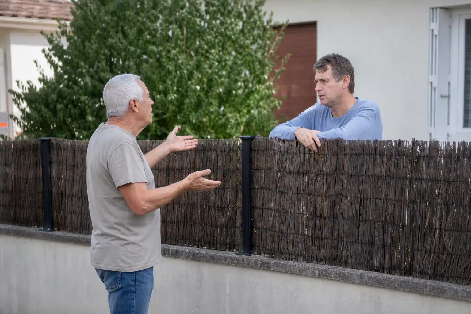 Homme plus âgé gesticulant, voisin appuyé sur clôture
